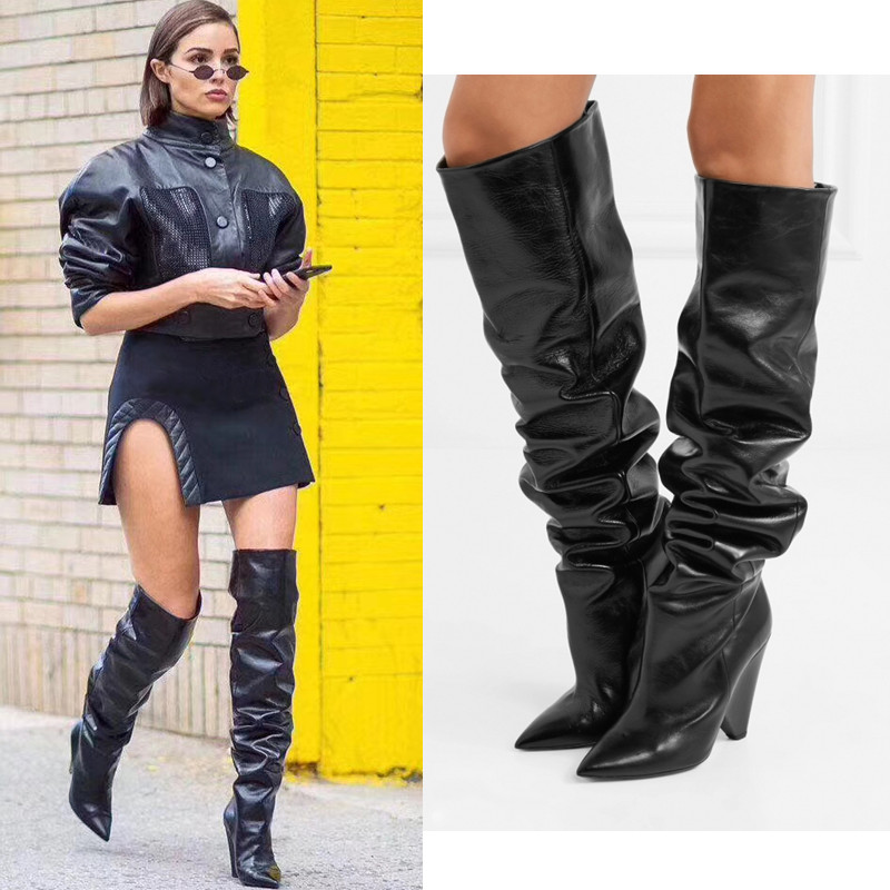 

Black Moroder Leather Thigh-high Boots Women Cone High Heels Knight Boots Short/Long Botas Dress Wedding Shoes With Original Box, As picture