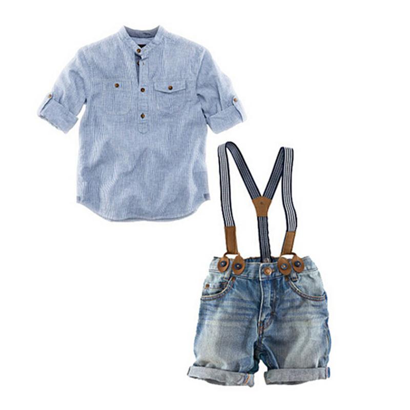 

New Summer Boys Denim Sets Costume Blue Striped Shirts+Suspender Jeans Pants 2PC Suits Kids party boys Clothing set