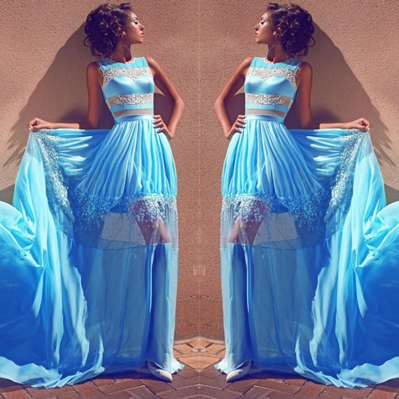 

Sky Blue See Through Evening Gowns 2018 Spring Lace And Chiffon Sleeveless Prom Dresses Long Train Formal Party Dress Custom Made, Orange