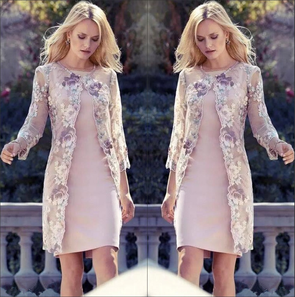 

Lace Jacket Sheath Short Mothers' Dresses Sheer 3/4 Long Sleeves Floral Lace Knee Length Mother of the Bride Groom Dresses BA7820