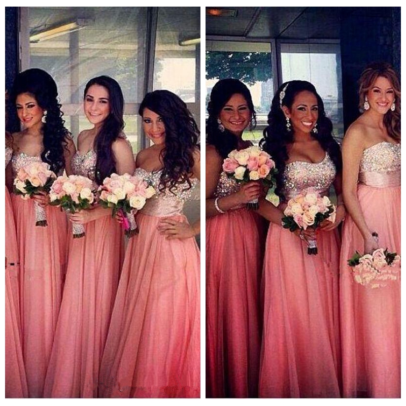 

2021 Sweetheart One Shoulder Sparkly Coral Long Crystal Beaded Draped Chiffon Bridesmaids Wedding Party Dress Peach Vestidos Honor Of Maid