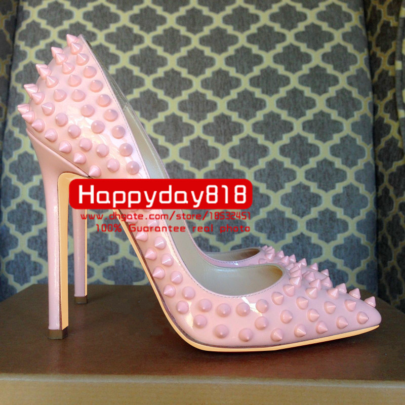 

Casual Designer Sexy Lady Fashion Women Shoes Pink Patent Leather Spikes Pointy Toe Stiletto Stripper High Heels Zapatos Mujer Prom Evening pumps Large size 44 12cm, Pink 8cm