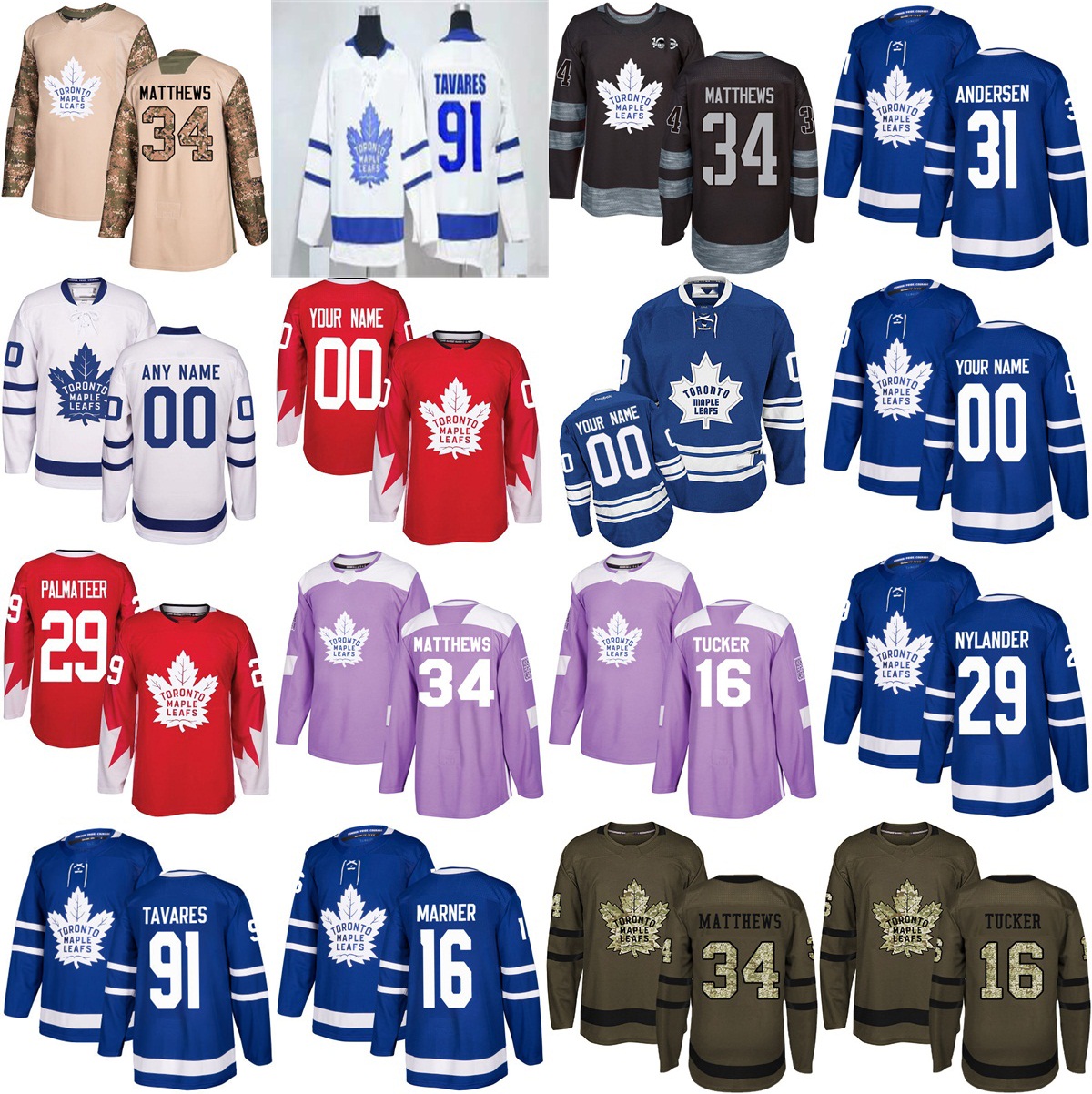 Hommes Femmes Personnalisé 91 Tavares Maple Leafs de Toronto 34 Matthews 16 Mitch Marner 29 William Nylander 31 Chandails de hockey Frederik Ande