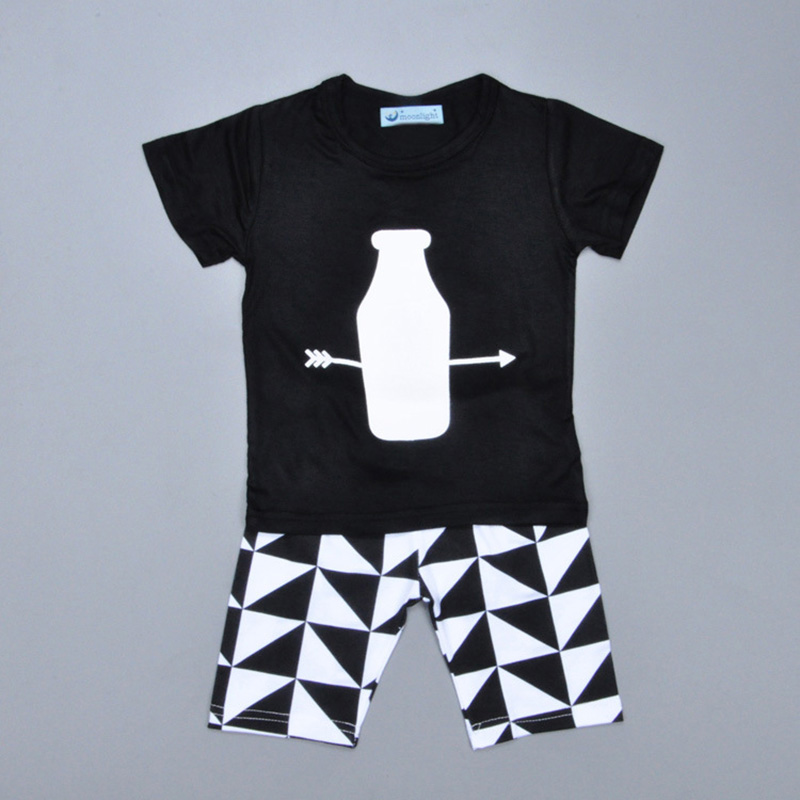 

Children's Suits Short-sleeved Bottle Pattern T-shirt + Geometric Print Shorts Boy Tide Outfit Summer Fashion Two-piece Set, As picture