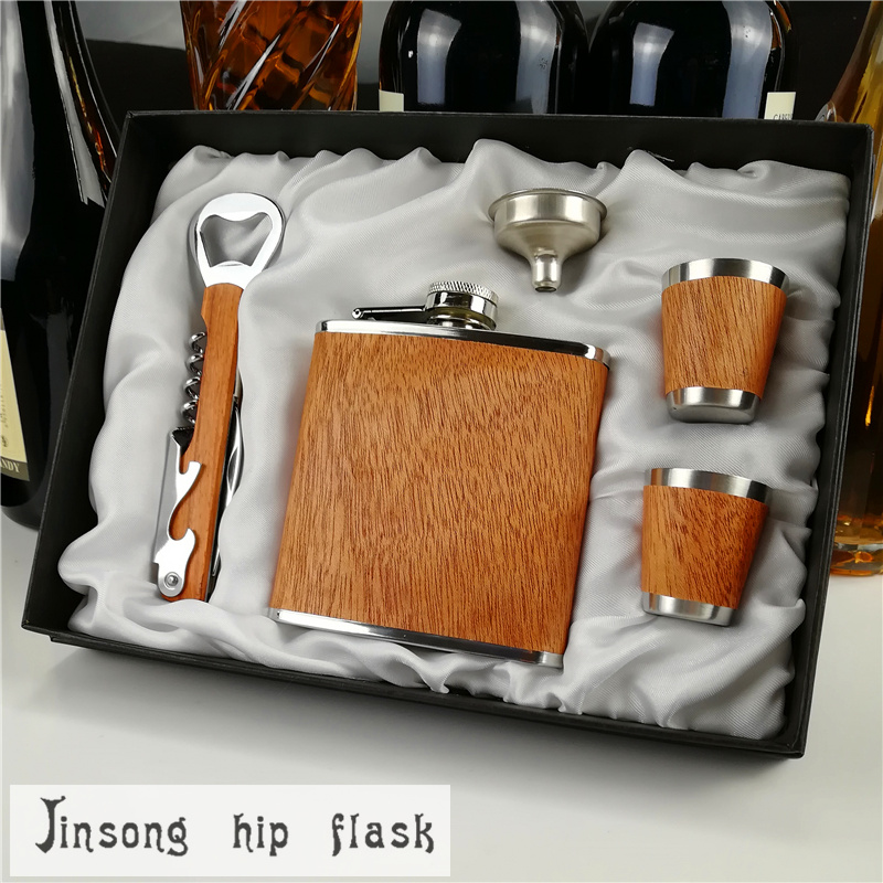 

2018 NEW 10set 6oz Genuine wood wrapped stainless steel hip flask set