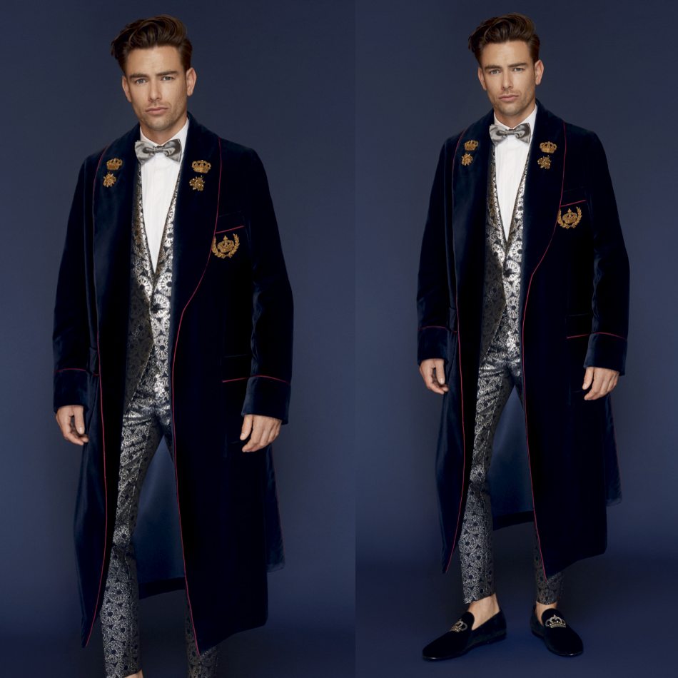 Winter New Design Mens Navy Velvet Fabric Overcoats Shawl Lapel Outdoor Ankle Length Coats Windproof Warm Outwear For Male