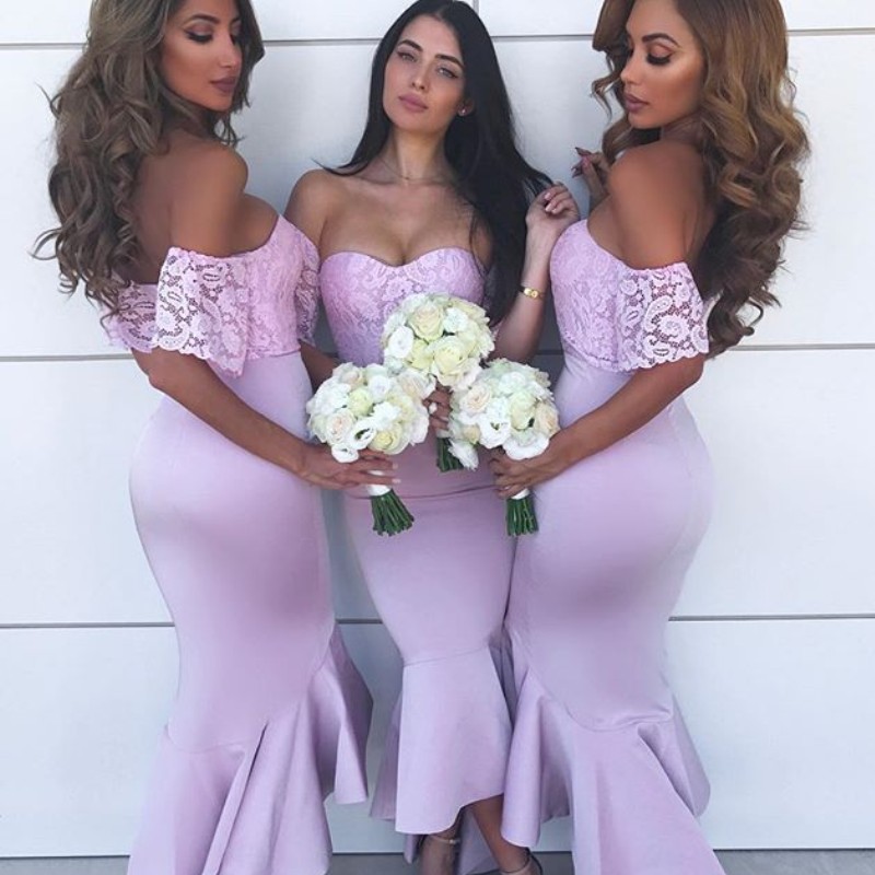 

Dubai Stylish Mermaid Bridesmaid Dresses Off Shoulder Lace Short Sleeves Ankle Length Cocktail Dress Wedding Party Gown Sexy Short Prom Dres