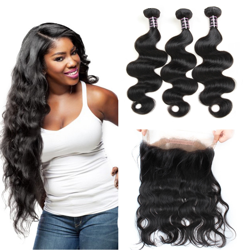 

Brazilian Virgin Hair Weaves 3Bundles With 360 Full Lace Frontal Closure Wholesale 8A Peruvian Indian Malaysian Body Wave Human Hair Closure, Natural color