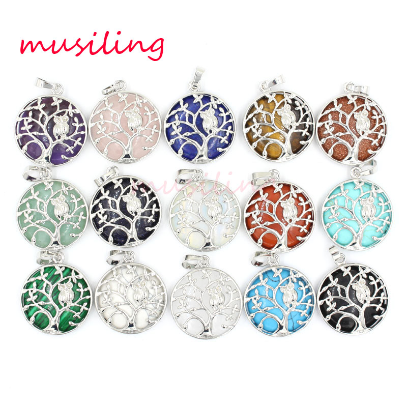 

Owl Life Tree Pendants Reiki Pendulum Jewelry For Women Natural gem Stone Crystal European Healing Amulet Fashion Mens Jewelry