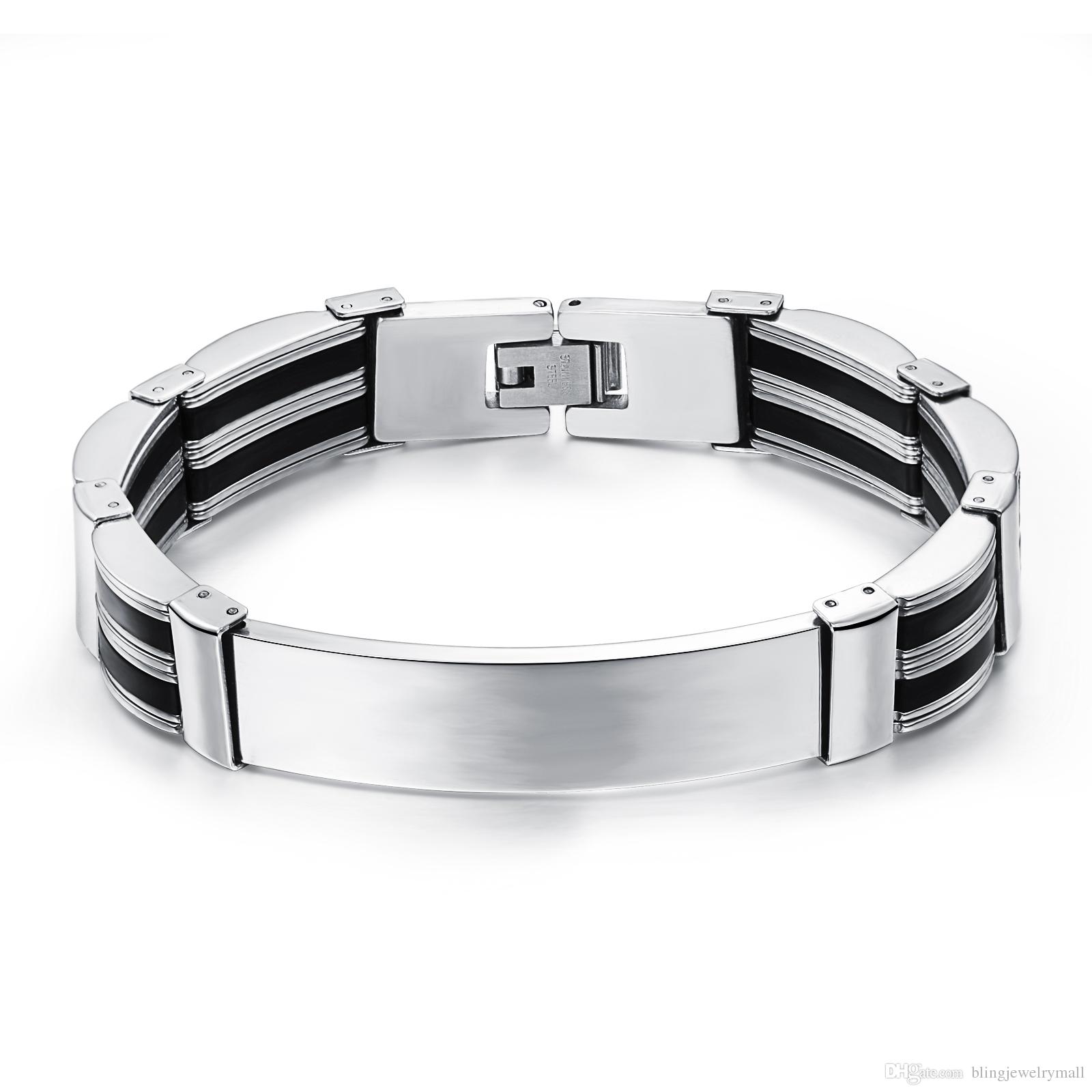

13MM Width Stainless Steel Black & Silver Silicone ID Bracelet Wristband 8.07Inch Man Jewelry Cheap Price HD936