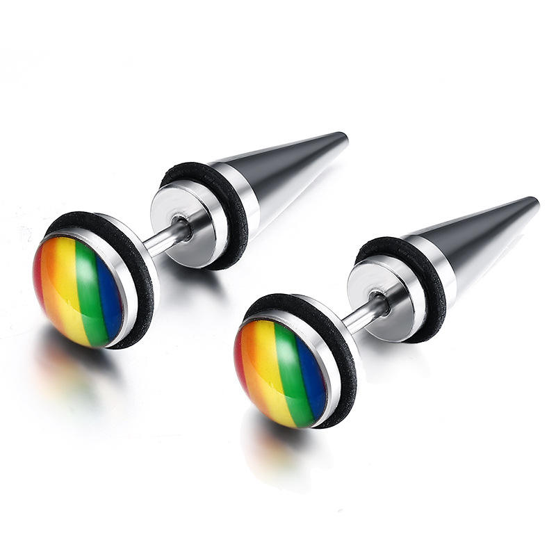 7 8mm 316l stainless steel rainbow earring for gay and lesbian hot sale rainbow round dot stud earrings for men women
