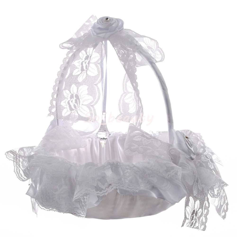 

White Elegant Lace Flower Girl Basket Beautiful Round Satin Silk Favors Wedding Accessory Party Decoration H5618