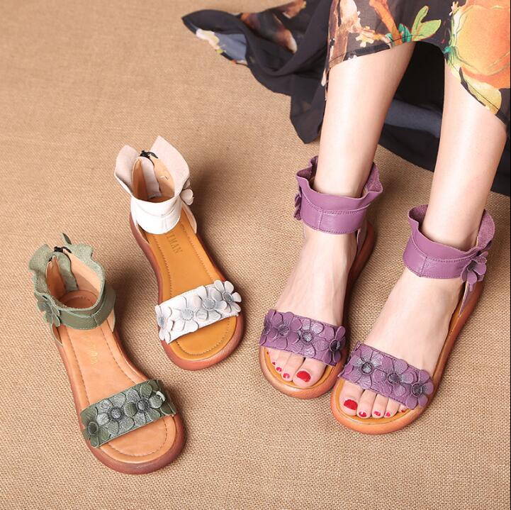

Women summer Genuine Leather Gladiator Sandals casual high help flowers cold boots Handmade Sandals Female, Green
