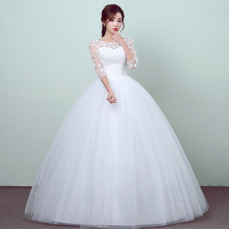 

New Style Lace 3 Quarter Wedding Dress Korean Simple Chinese Sweet Wedding Gown Princess Bridal Dresses Vestidos De Novia, White