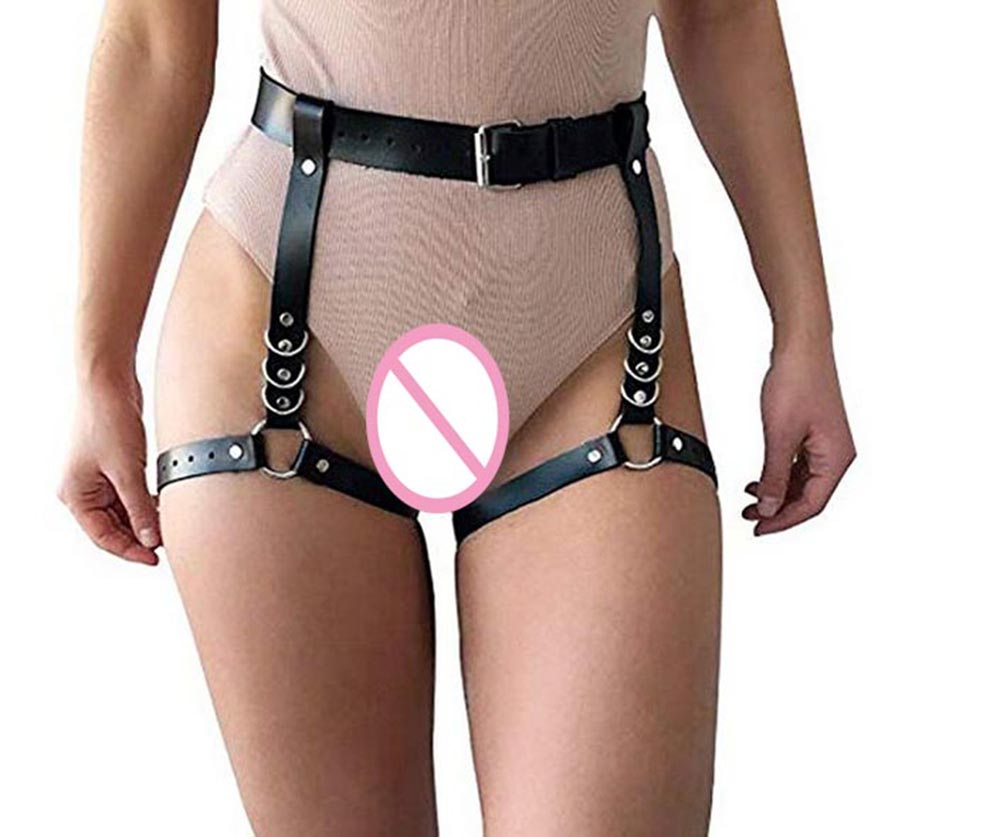 Fashion Sexy Faux Leather Waist Harness with Leg Garters and Metal D-Rings Steampunk Gothic Punk Rock Role Play Costume-image-421243856