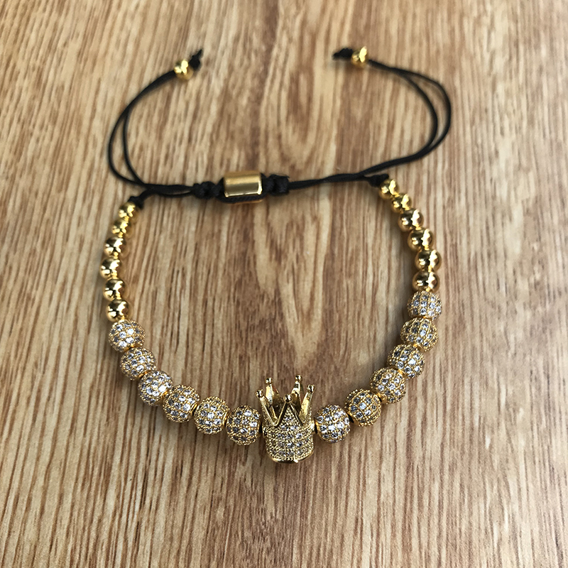 Bracelets en Zircon, bijoux cubiques, Micro pavé, breloque couronne, perles rondes de 4mm, Bracelet en macramé tressé
