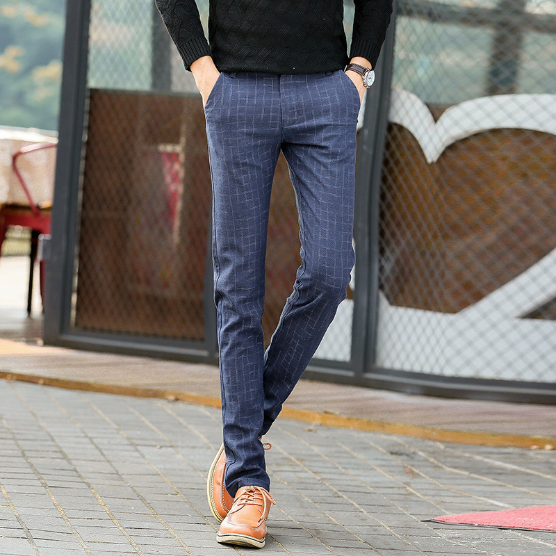 

Male Fashion Smart Casual Plaid Pants Slim Fit UK Style Mid Waist Full Length Cotton Linen Straight Pants For Men, Black