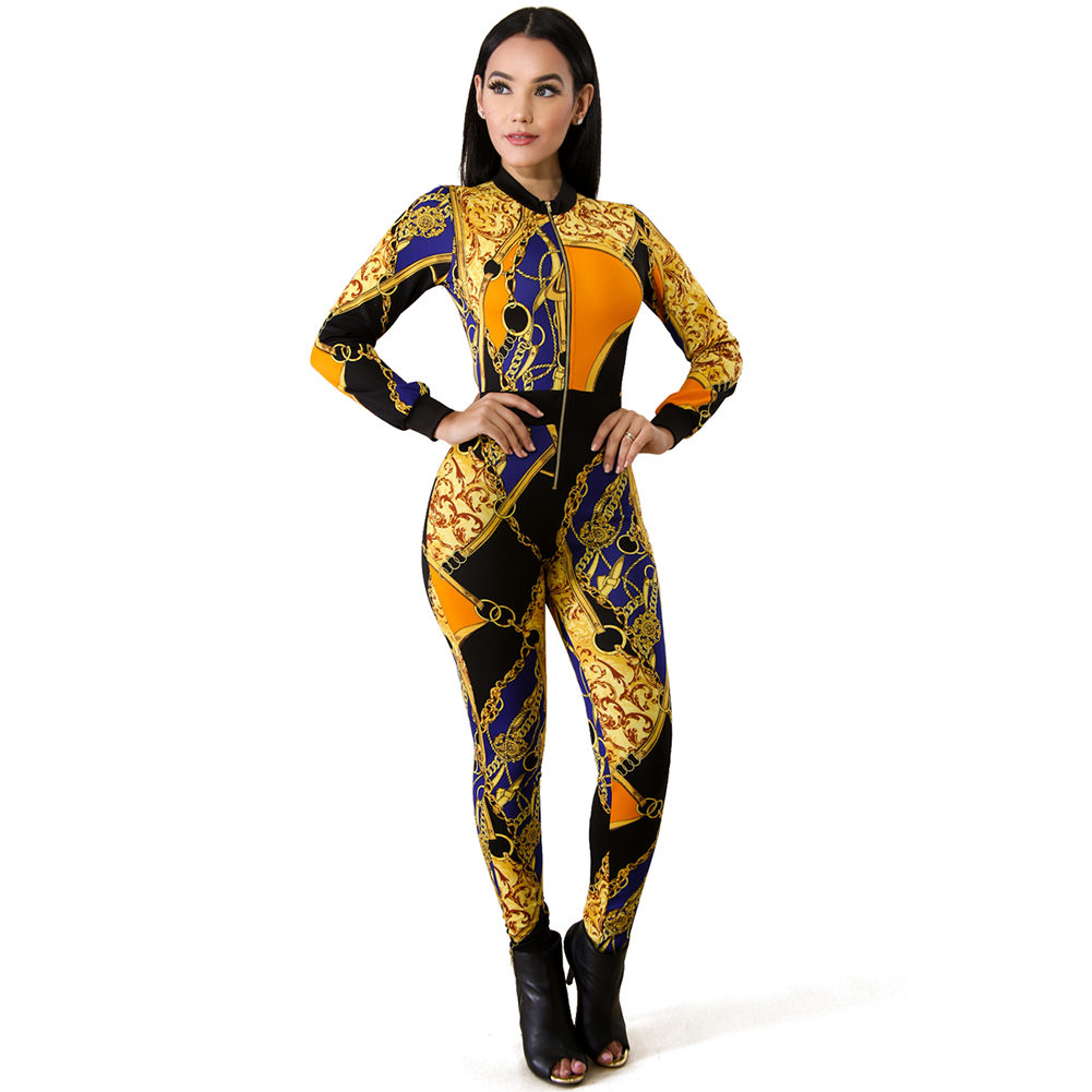 Sexy Women Fitness Jumpsuit Contrast Colorblock Chain Print Zipper Workout Catsuit Long Sleeve Bodycon Night Clubwear Yellow-image-422517957