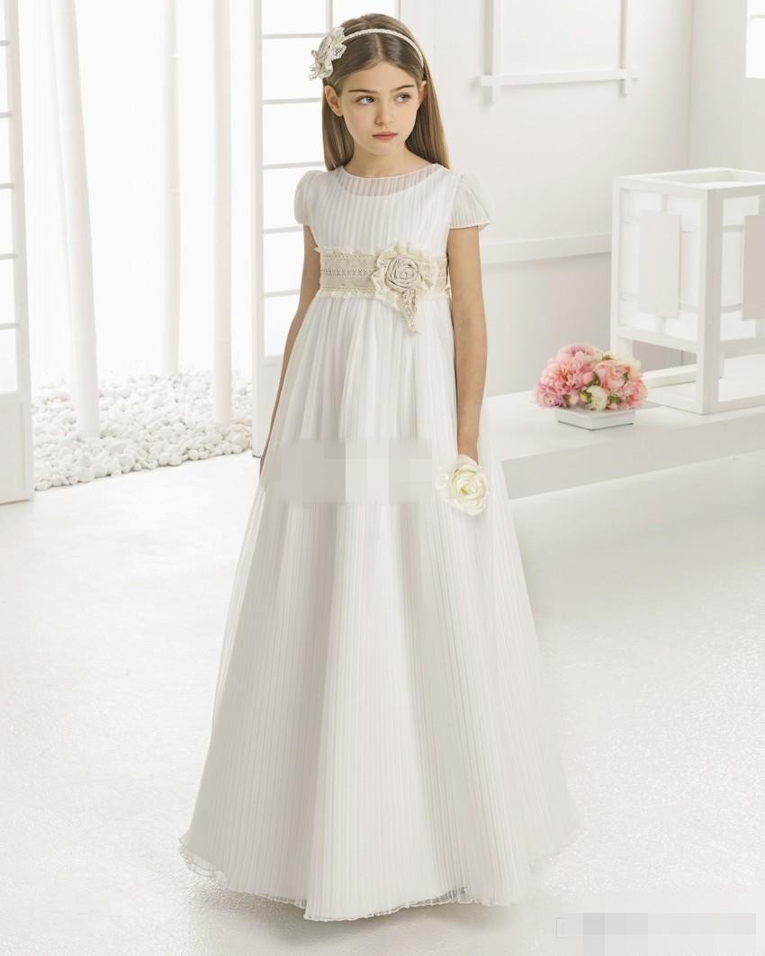 

Vintage Flower Girl Dresses for Wedding Empire Waist Short Sleeve Tulle Crew Champagne Lace Sash 2019 Cheap Children First Communion Gowns, Multi