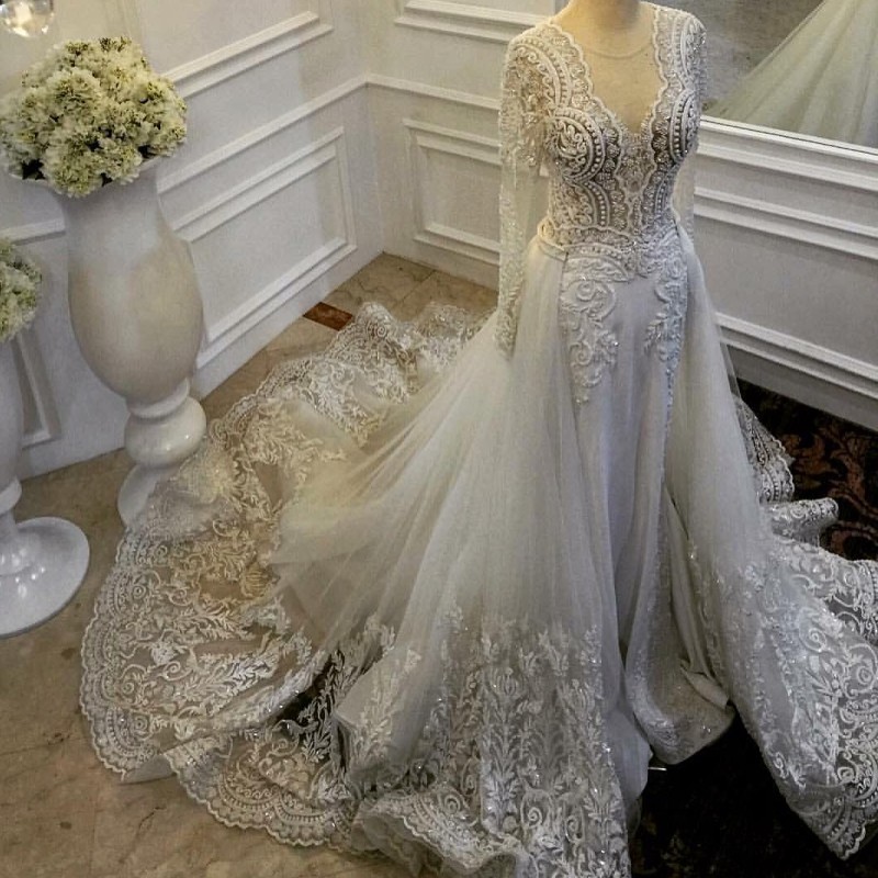 

Glamorous Lace Appliqued Wedding Dresses Sheer Jewel Neck Beads Long Sleeve Vestido De Novia Mermaid Wedding Dress With Detachable Overskirt, Champagne