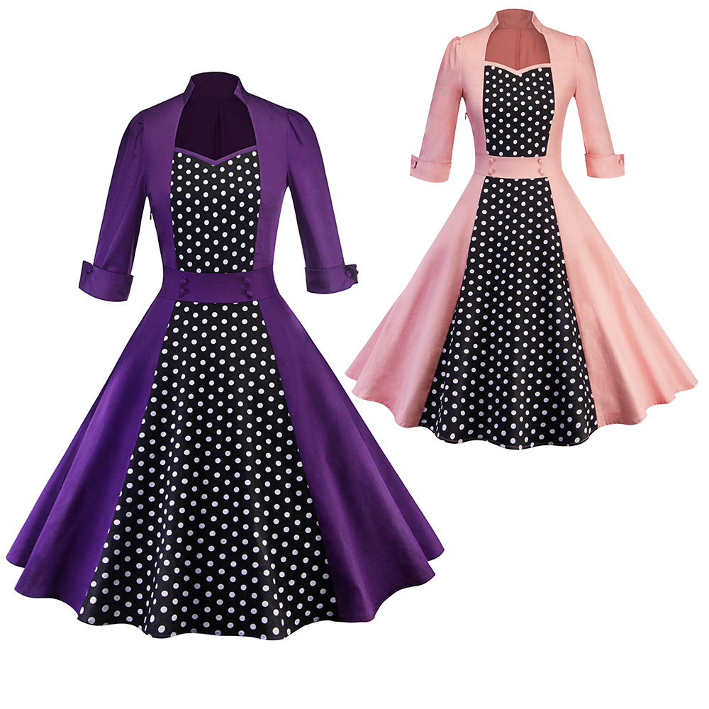

Vintage Hepburn Dresses for Womens CHEAP 60s Dress A-line Midi Shirt Dress Fashion F0641 Pink Purple with Dots 3/4 Sleeve