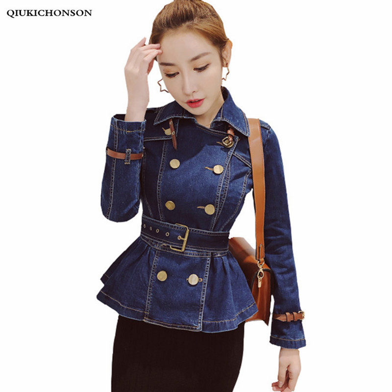 

Vintage Style Turn-down Collar Denim Jacket Women Ruffle Peplum Top Ladies Spring Autumn Coats Waisted Tunic Jeans Jacket, Denim blue