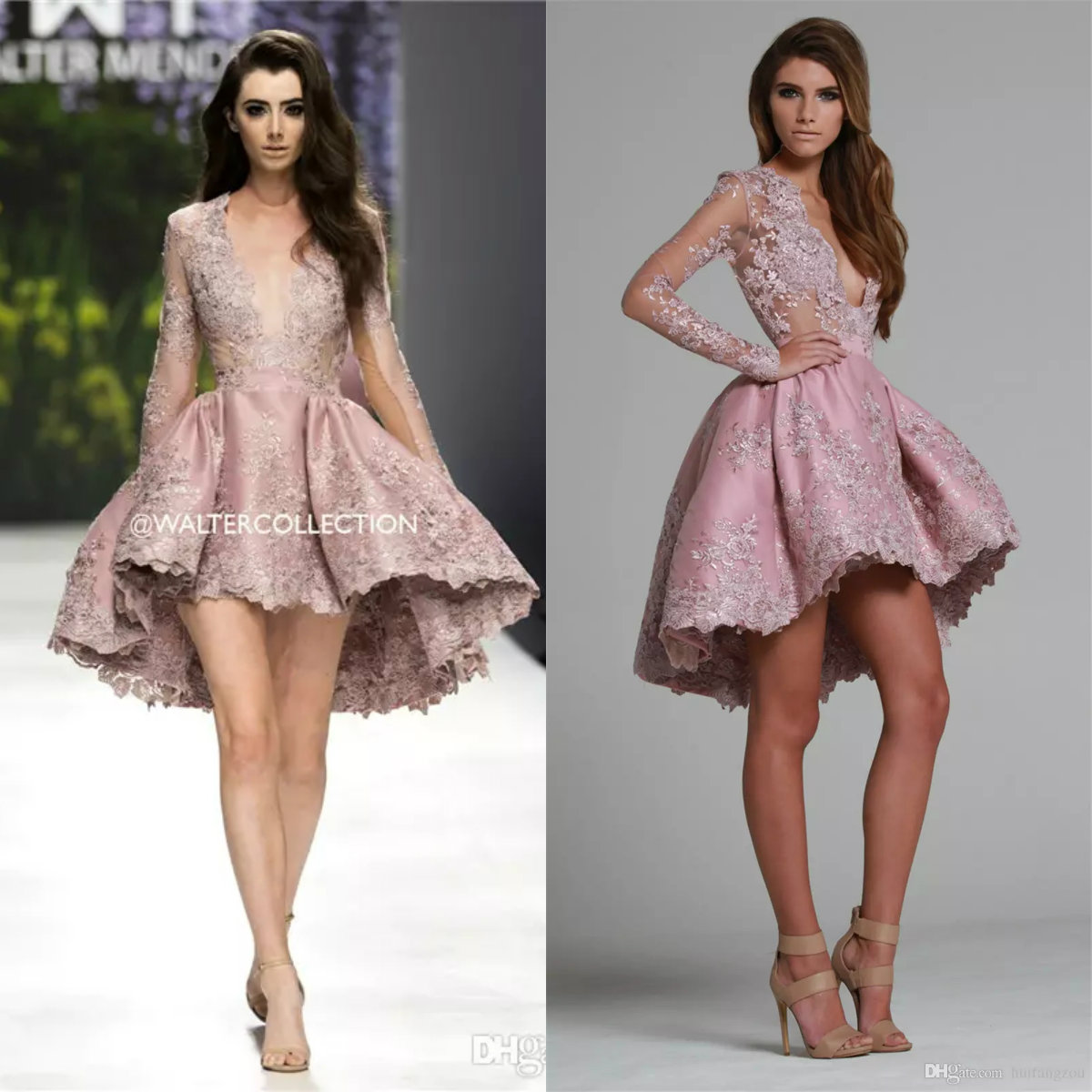 

Short Prom Dresses Plunging Neck Long Sleeves Lace Applique Evening Gowns High-low Cocktail Party Dresses robes de soirée, Light sky blue