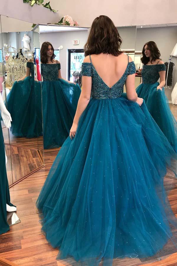 

Vintage Teal Blue Ball Gown 2018 Prom Dress Spaghetti Tulle Beaded Puffy Long Evening Gowns Sexy Backless Elegant Plus Size Formal Party, Ivory