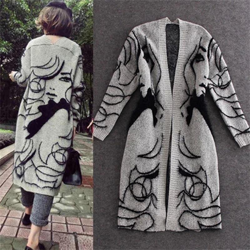 2016 New Autumn Winter Rabbit Hair Blend Knitted Cardigans Women Girl Print Jumper Sweater Thicken Maxi Cardigan Coat Oversized S18101005