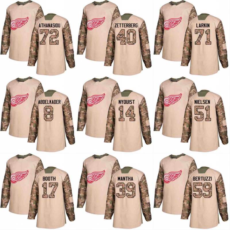 

2018 Camo Veterans Day 14 Gustav Nyquist 8 Justin Abdelkader 23 Dominic Turgeon 59 Tyler Bertuzzi Detroit Red Wings Custom Hockey Jerseys, Black;red