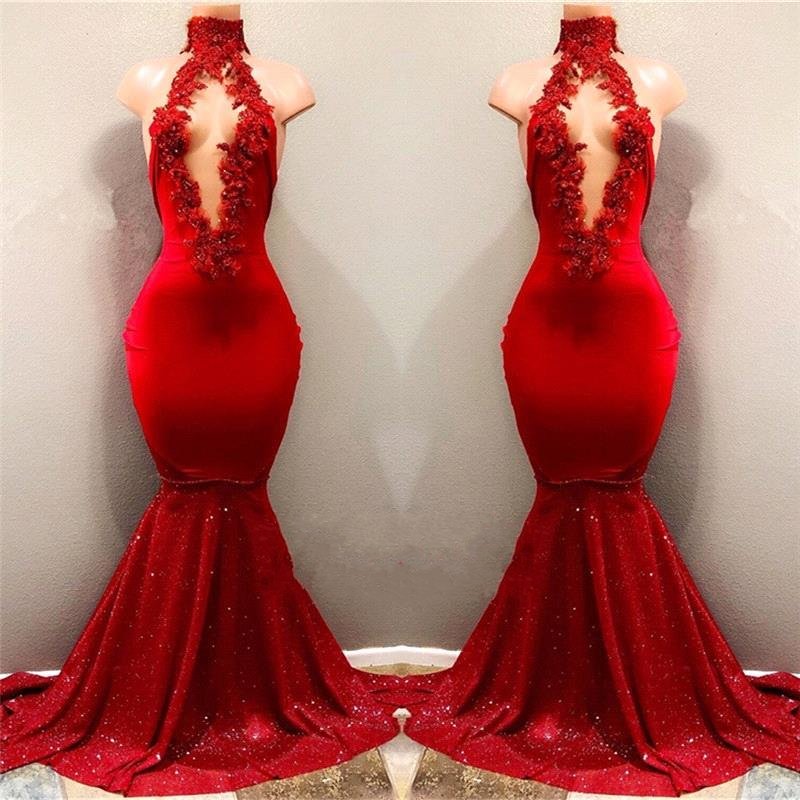 

2020 Real Pictures Red Sexy High Neck Mermaid Sequined Skirts Prom Dresses With Hollow Out Front Lace Appliqued Beads Evening Gowns BA7962, Dark navy