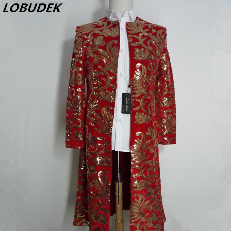 

Sparkly Sequins Outfit Red Long Jackets Men's Fashion Slim long Coat Outerwear Bar Prom stage DS Costumes Singing group performance clothing
