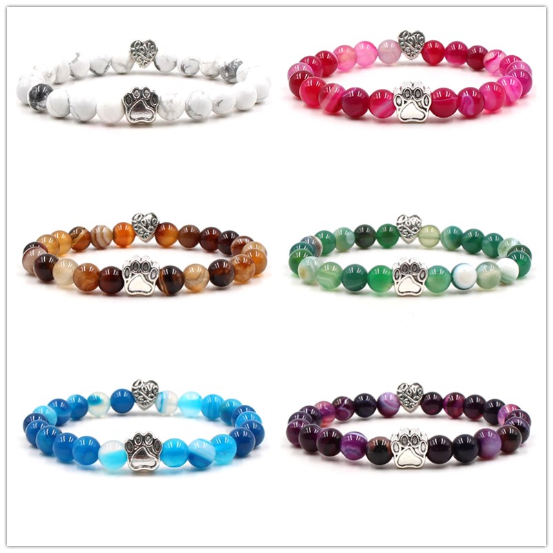 

8mm Colourful Natural Stone Beads Bracelets Dog Cat Footprint Paw Heart LOVE Charms Bracelet Pet Lover Strench Jewelry