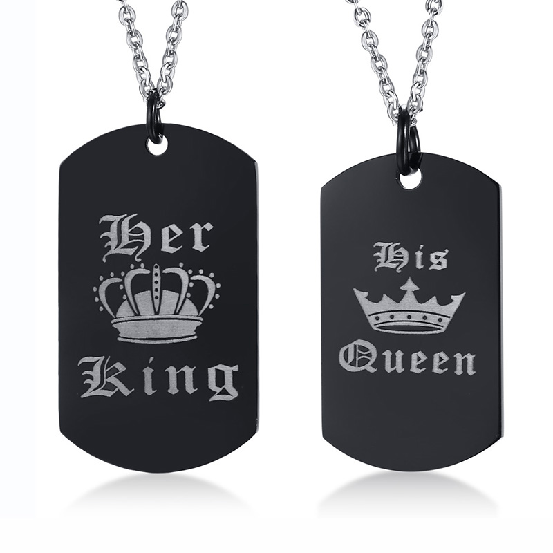 

Free Engraving Her King His Queen His and Hers Black Dog Tag Set in Stainless Steel Couples Necklace Set, Silver