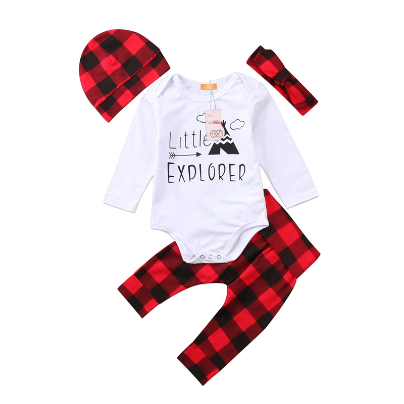 xmas ins enfants bébé garçons filles coton vêtements 4pcs sets "petit explorateur" ROMPER Pantalon à carreaux rouges chapeau de chapeau de vêteme
