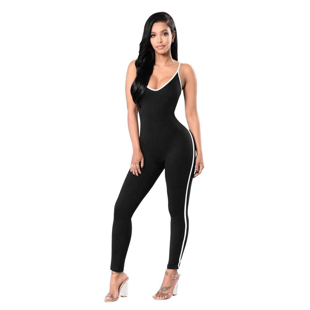 sexy bodysuit 2018 New Sleeveless backless sexy Summer black white stripe overalls V neck straps womens rompers sportsuit