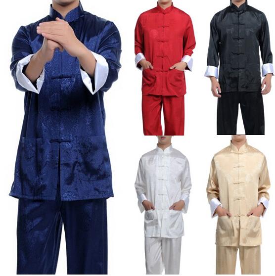 Black Burgundy blue Chinese men/'s silk//satin kung fu suit pajamas SZ:S-3XL