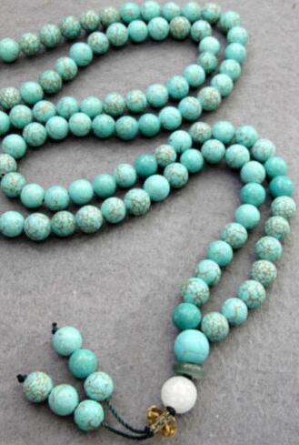 

8mm 108 pcs Natural Blue Turquoise Beads Tibet Buddhist Prayer Mala Necklace, Silver