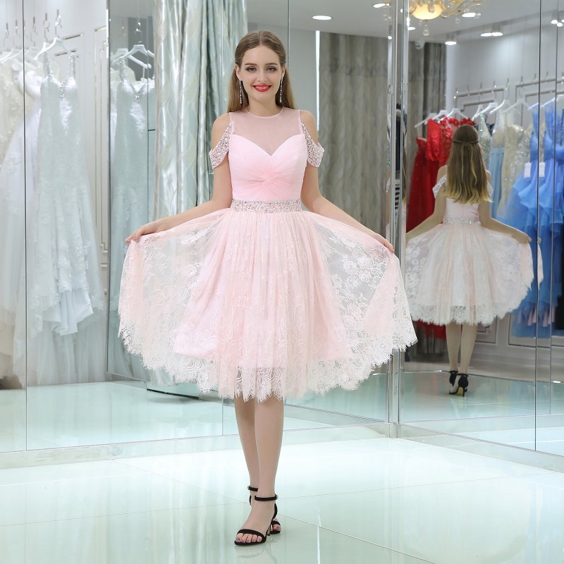 

Lovely Pink Lace Bridesmaid Dresses Knee Length Soft Tulle with beading Sequins Wedding Party Dresses Cheap