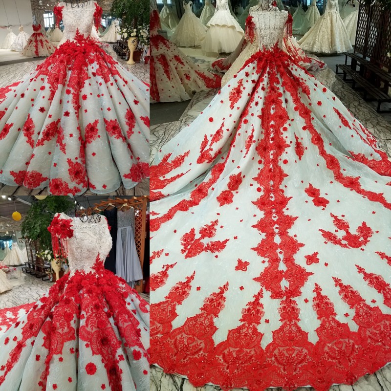 

China Ivory/Red Scoop Lace Applique Beads Ball Gown Wedding Dresses Bridal Dresses Events Dresses Custom Size 6 8 10 12 W307096, Same as image
