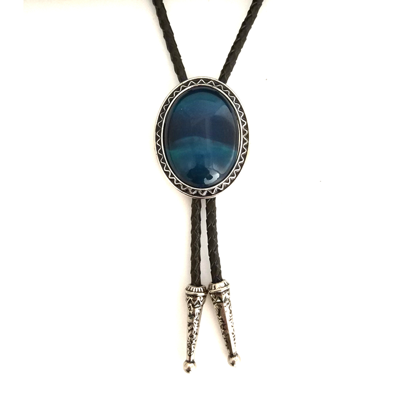 

Western cowboy bolo tie Black leather with metal buckle 5 color Blue natural agate decoration retail custom bolo ties