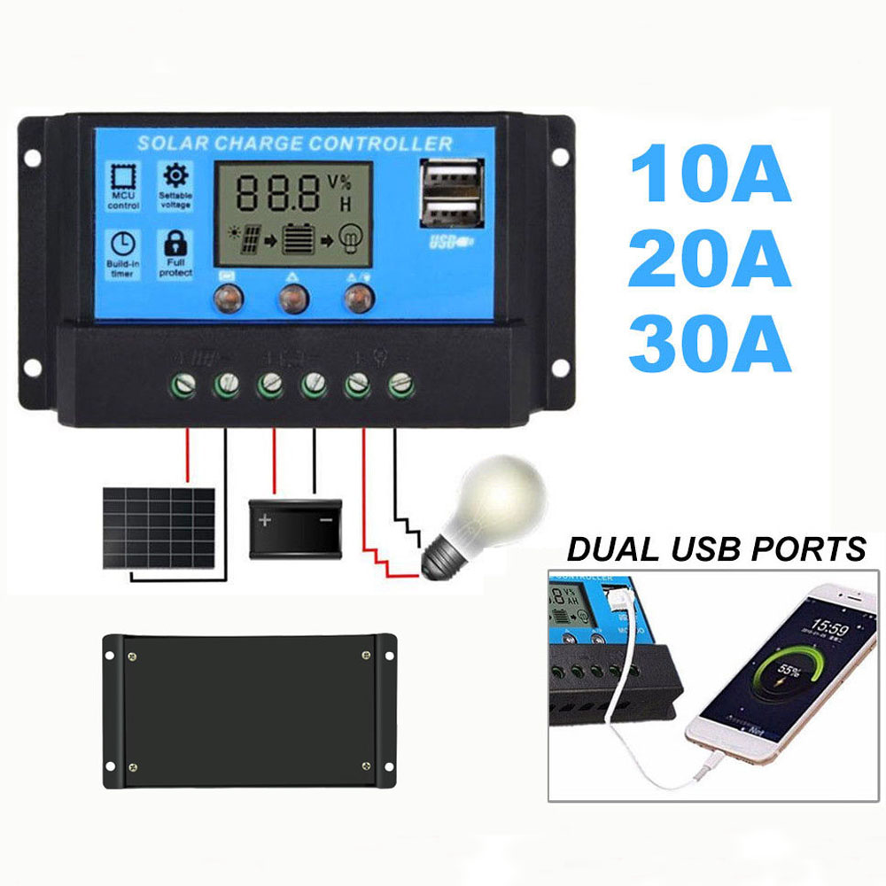 

Solar Panel Regulator Charge Controller USB LCD Display Auto 10A/20A/30A 12V-24V Intelligent Automatic Overload Protectors
