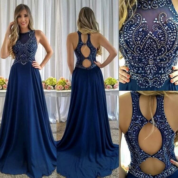 

Sexy Dark Blue Evening Dresses Long Prom Dress Sparkling Beads Sequins Chiffon Sweep Train Runway Gowns