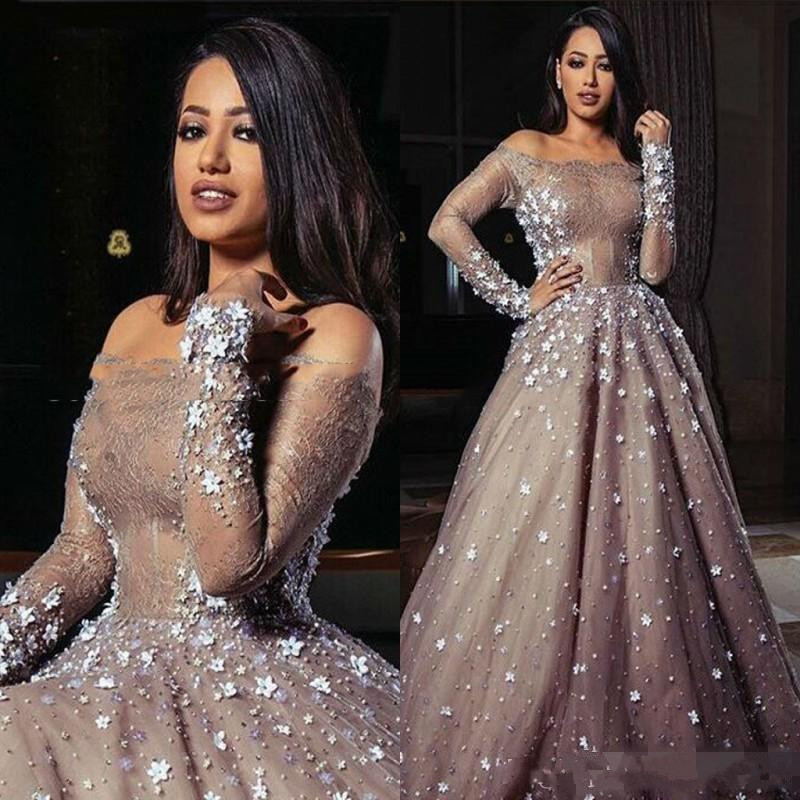 

Luxury Arabic Dubai Dresses Evening Wear Illusion Off Shoulder Long Sleeves Prom Dress Applique Lace Beaded Formal Party Gowns, Champagne
