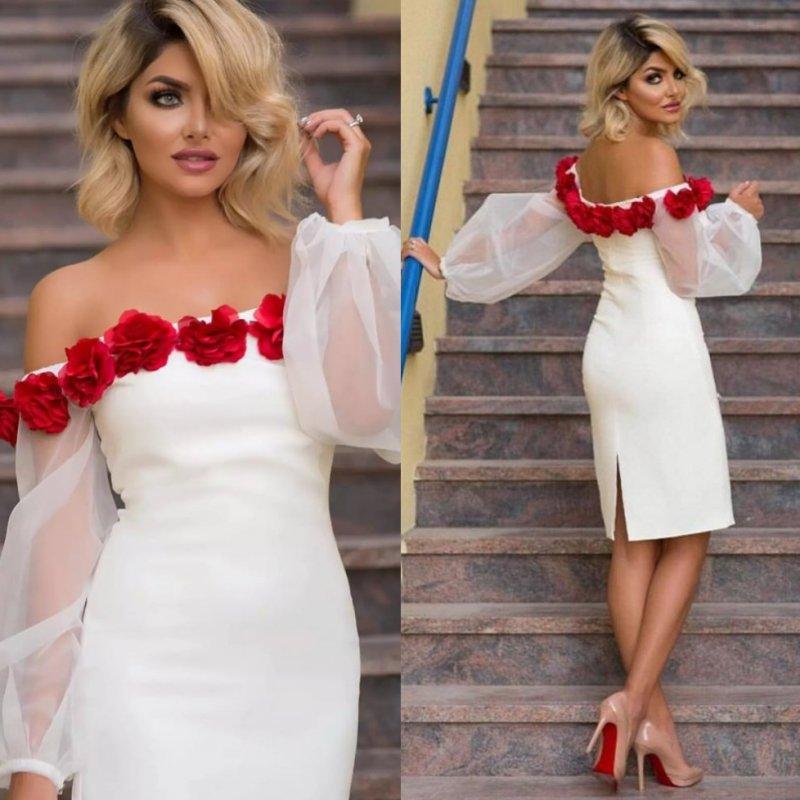 

Arabic 3D Flower Short Prom Dresses Applique Pageant Gowns vestidos de fiesta Cocktail Dresses Knee Length Party Dress Long Sleeve Cheap, Pink