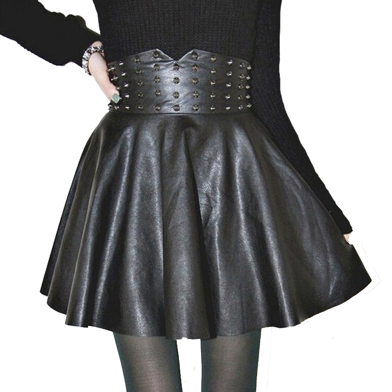 

Sexy Fashion PU Leather High Waisted Skirts Womens Rivet Pleated A-line Mini Skirt Plus Size Women Clothing, Black