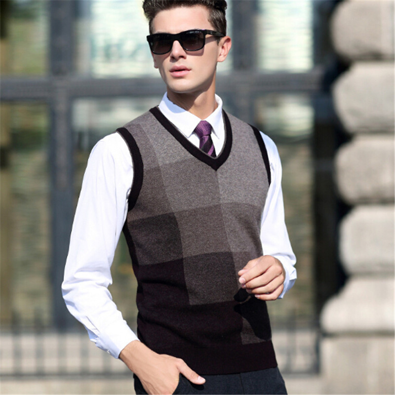 

100%autumn Winter Men Wool Vest Sleeveless Sweater Plaid Casual Computer Knitted V-neck Vest, Sleeveless size S -XXL, Coffee