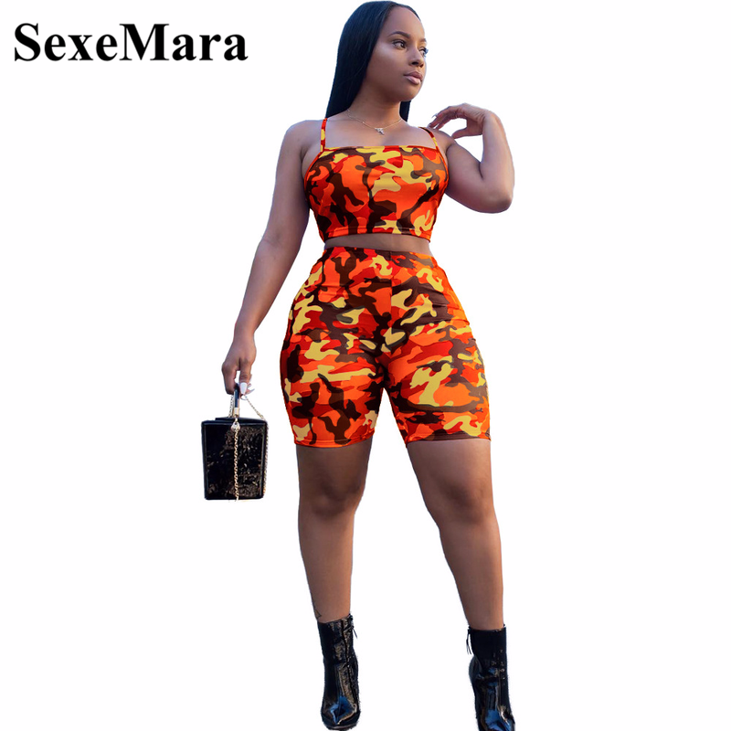 

SexeMara Camouflage Print Casual Two Piece Set Crop Top and Pants Summer Short Tracksuit Women Sexy Bodycon Romper D74-AA21, Orange