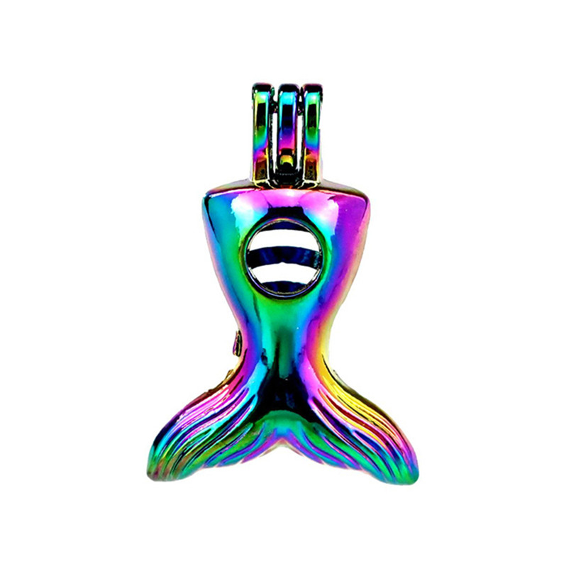 

10pcs/lot Rainbow Color Mermaid Tail Beads Cage Locket Pendant Diffuser Aromatherapy Perfume Essential Oils Diffuser, Silver