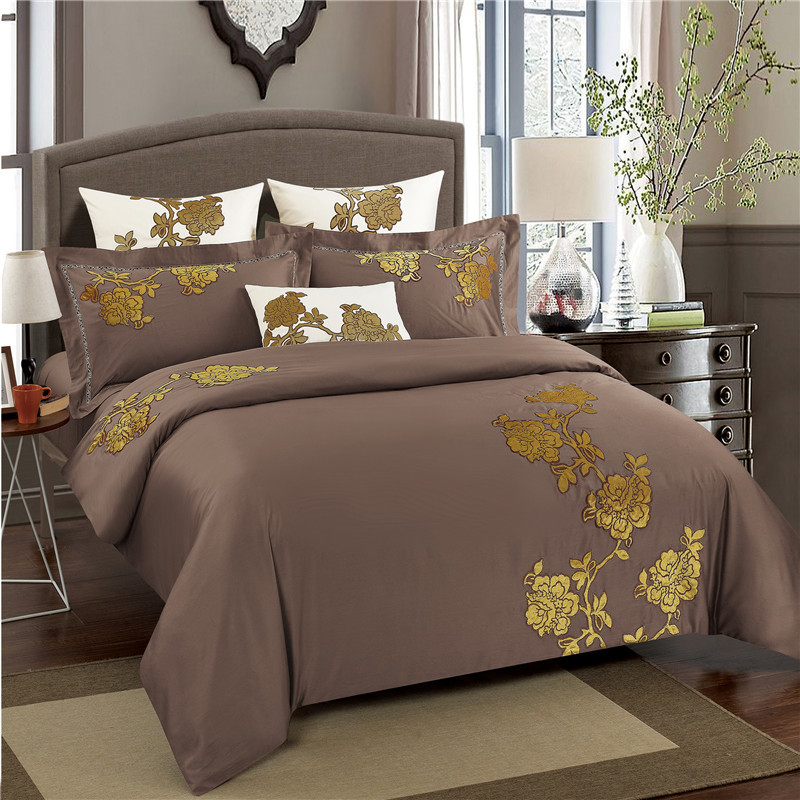 Coffee Brown Egyptian Cotton Bed Set Oriental Luxury Embroidery